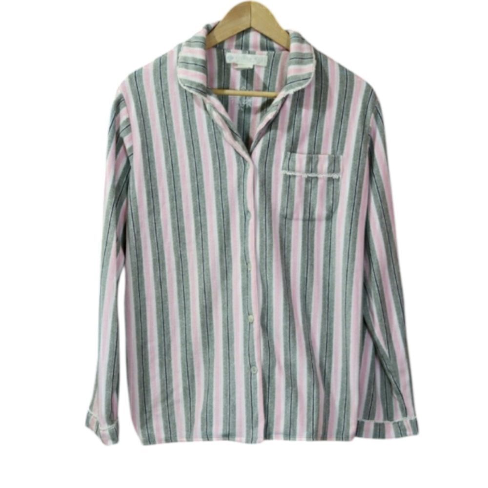 Eileen West Pink & Gray Striped Pajama Top Shirt Medium